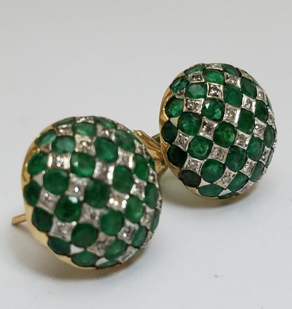 18k Two Tone Gold Emerald Diamond 5.66ctw Circle Button Dome Checkered Earrings - Image 3