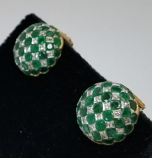 18k Two Tone Gold Emerald Diamond 5.66ctw Circle Button Dome Checkered Earrings - Image 5