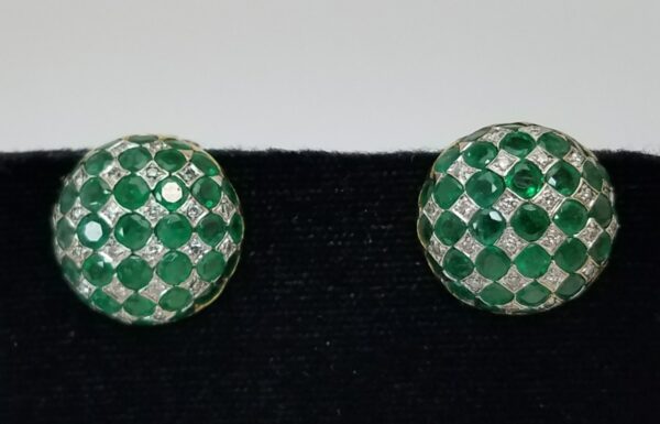 18k Two Tone Gold Emerald Diamond 5.66ctw Circle Button Dome Checkered Earrings - Image 6