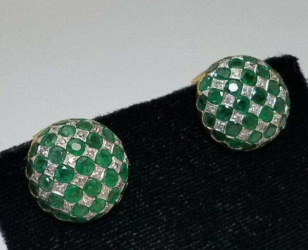 18k Two Tone Gold Emerald Diamond 5.66ctw Circle Button Dome Checkered Earrings - Image 7