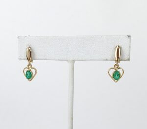 18k Yellow Gold .60ct Oval Natural Emerald Dangle Dangling Heart Love Earrings