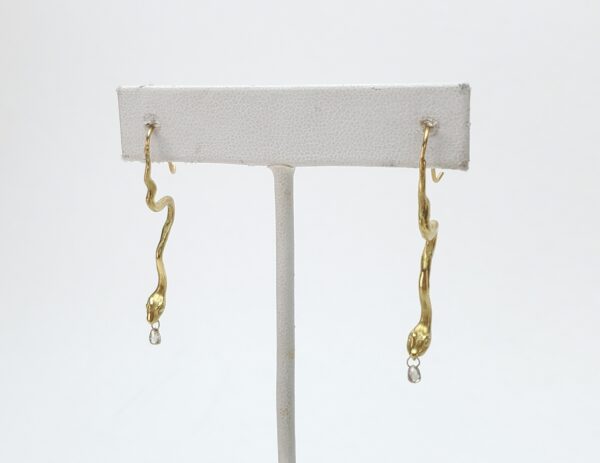 18k Yellow Gold Diamond Briollete Dangle Dangeling Drop Snake Hook Earrings - Image 3