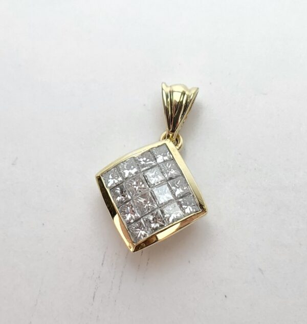 18k Yellow Gold Mystery Set Diamond Cluster Square Dangle Drop Pendant 7/8'' - Image 3