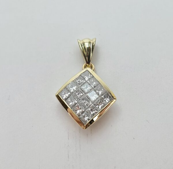 18k Yellow Gold Mystery Set Diamond Cluster Square Dangle Drop Pendant 7/8'' - Image 4