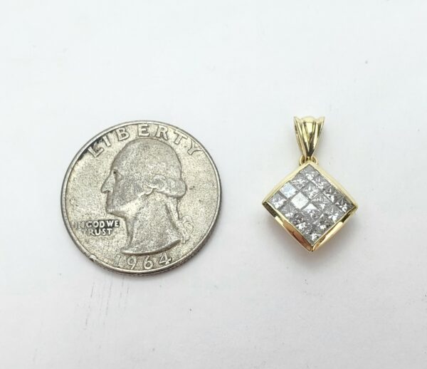 18k Yellow Gold Mystery Set Diamond Cluster Square Dangle Drop Pendant 7/8'' - Image 6