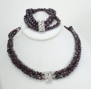 835 Silver Faceted Garnet Multi-Strand 6.3-6.5mm Bead Necklace Bracelet Set