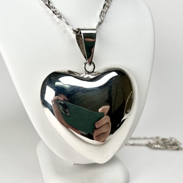 925 Mexico Sterling Silver Large Puffed Heart Pendant 3'' - Image 4