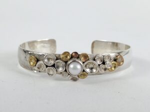 925 Sterling Silver Copper Yellow Tone 6mm Button Pearl 10mm Cuff Bracelet