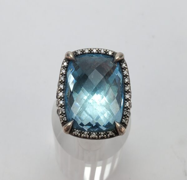 David Yurman 925 Darkened Sterling Silver Blue Topaz Diamond Chantelaine Ring - Image 3