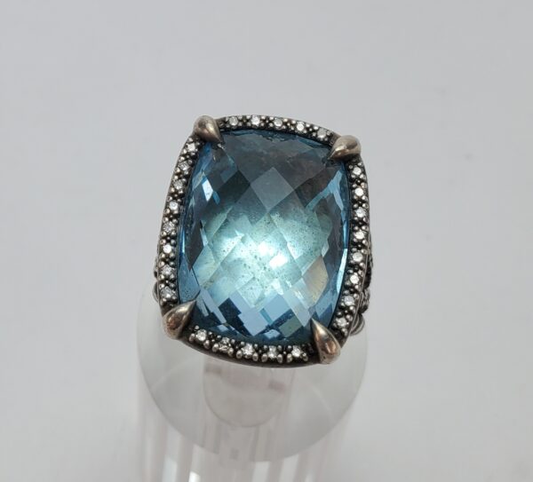 David Yurman 925 Darkened Sterling Silver Blue Topaz Diamond Chantelaine Ring - Image 4