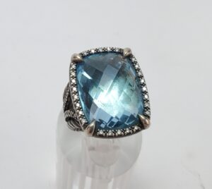 David Yurman 925 Darkened Sterling Silver Blue Topaz Diamond Chantelaine Ring