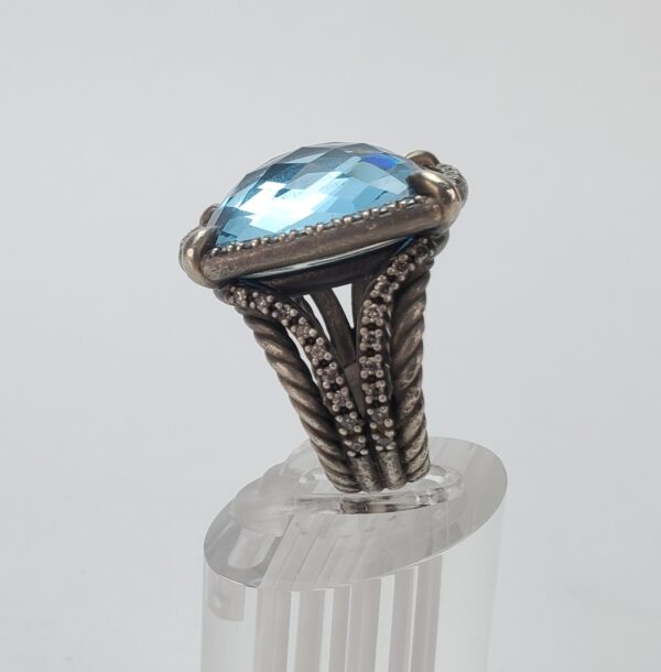 David Yurman 925 Darkened Sterling Silver Blue Topaz Diamond Chantelaine Ring - Image 7