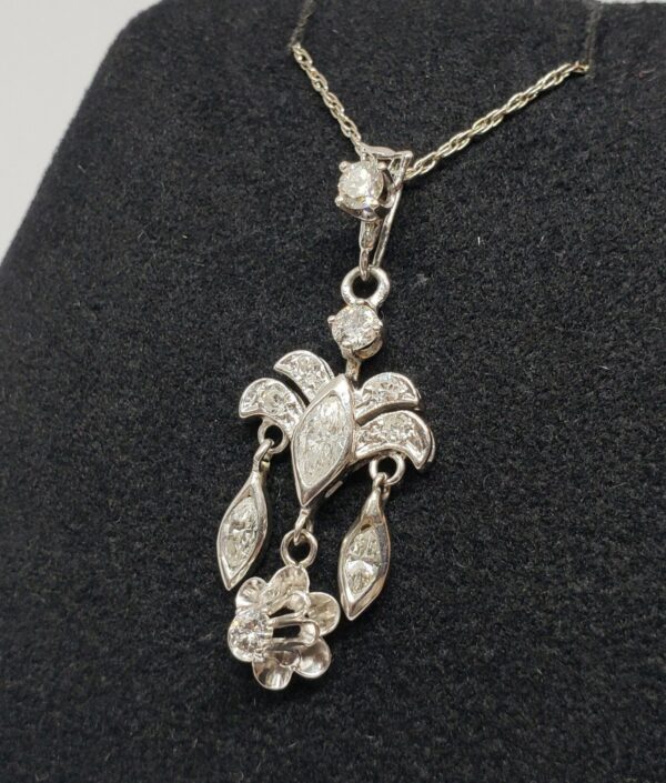 Vintage 14k White Gold Girandole Marquise Diamond Floral Charm Pendant Necklace - Image 3