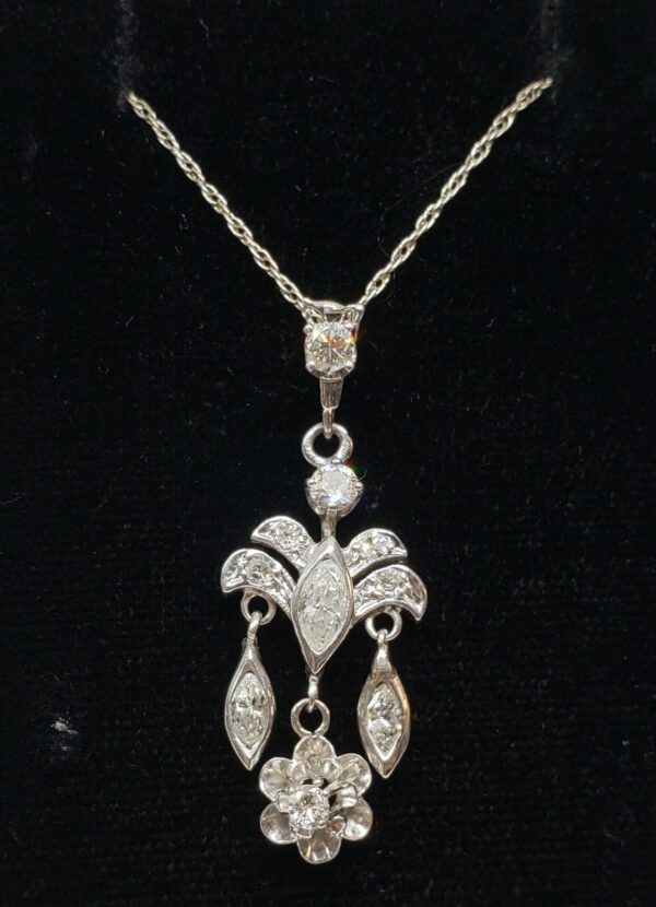 Vintage 14k White Gold Girandole Marquise Diamond Floral Charm Pendant Necklace - Image 4