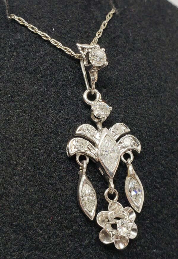 Vintage 14k White Gold Girandole Marquise Diamond Floral Charm Pendant Necklace - Image 5