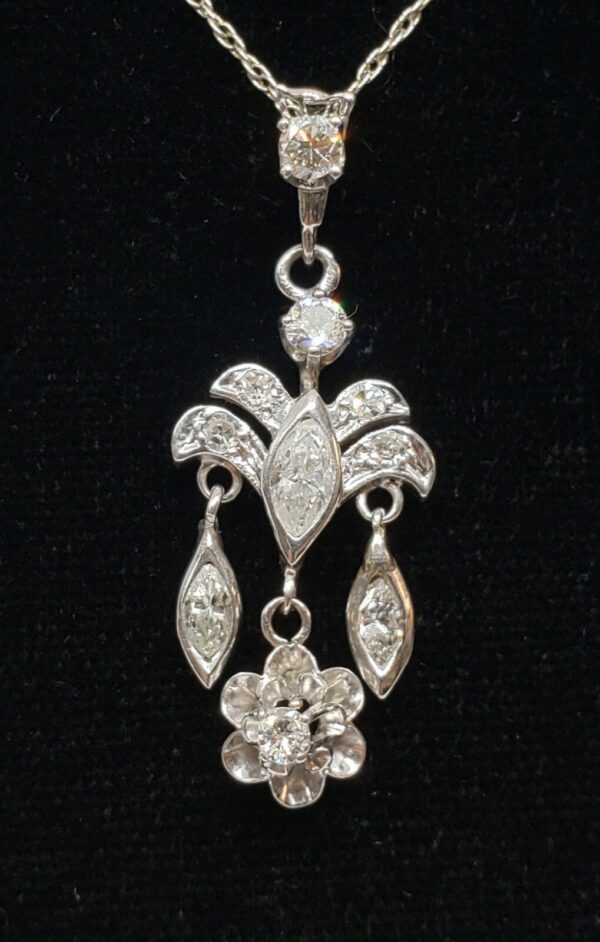 Vintage 14k White Gold Girandole Marquise Diamond Floral Charm Pendant Necklace - Image 6