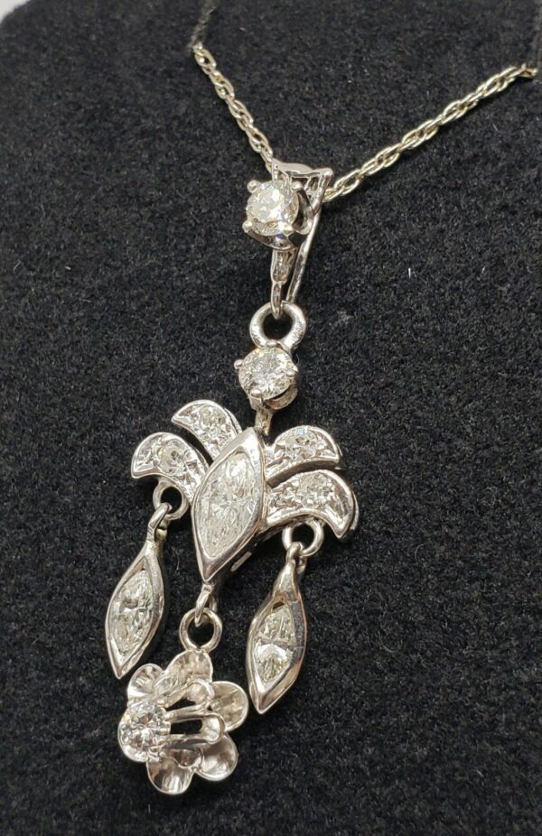 Vintage 14k White Gold Girandole Marquise Diamond Floral Charm Pendant Necklace - Image 7