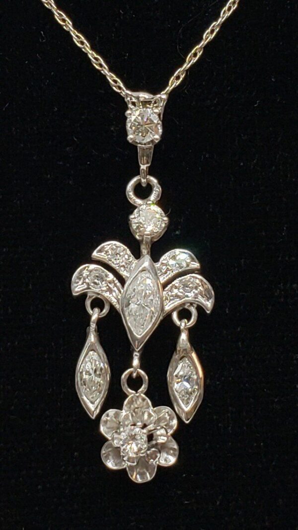 Vintage 14k White Gold Girandole Marquise Diamond Floral Charm Pendant Necklace