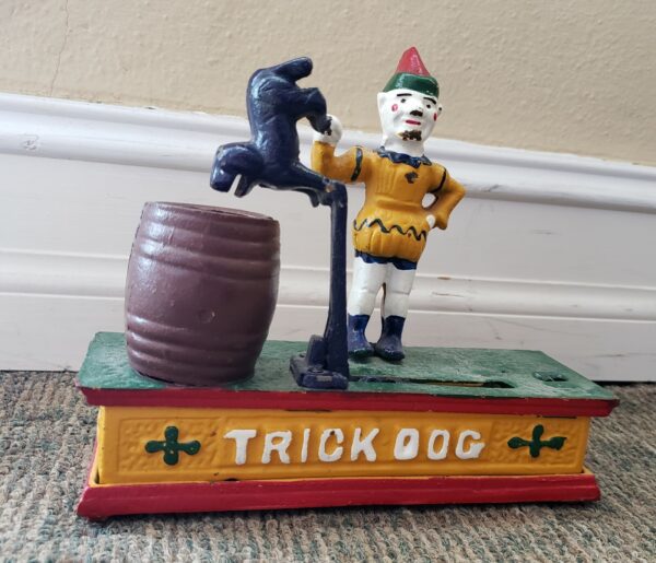Vintage Cast Iron Mechanical Bank Clown & Trick Dog Hand Painted Works - Image 3