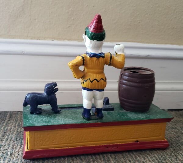 Vintage Cast Iron Mechanical Bank Clown & Trick Dog Hand Painted Works - Image 4