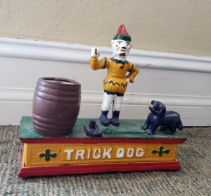 Vintage Cast Iron Mechanical Bank Clown & Trick Dog Hand Painted Works