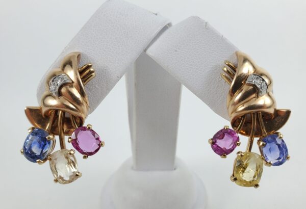 Vintage Retro 14k Rose Gold 11.86ctw Unheated Sapphire Diamond Clip On Earrings - Image 3