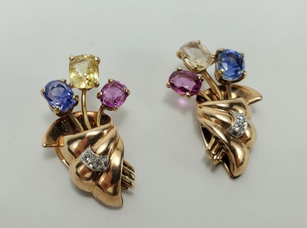 Vintage Retro 14k Rose Gold 11.86ctw Unheated Sapphire Diamond Clip On Earrings - Image 5
