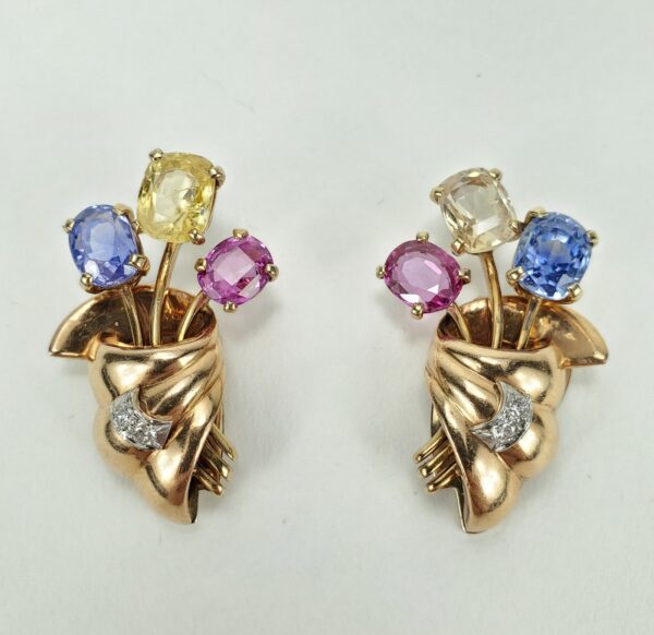 Vintage Retro 14k Rose Gold 11.86ctw Unheated Sapphire Diamond Clip On Earrings - Image 7