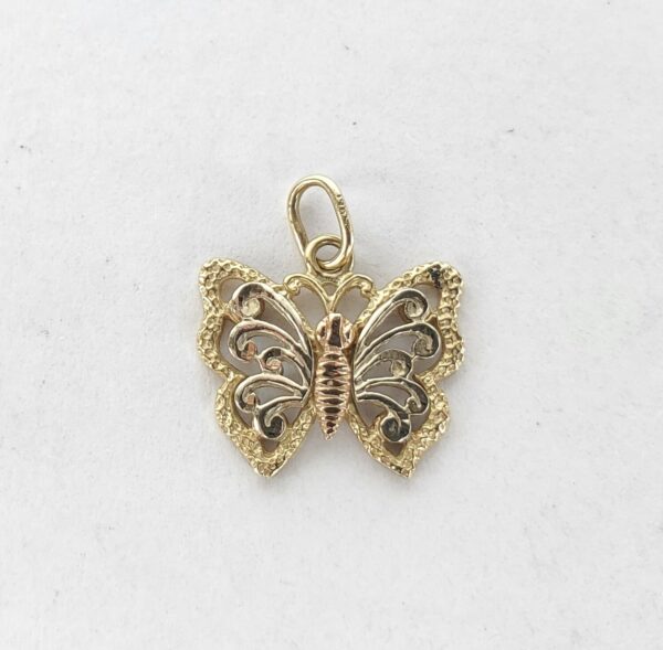 14k Multi-Gold Tri-Color Butterfly Open Work Drop Dangle Pendant 5/8'' - Image 3
