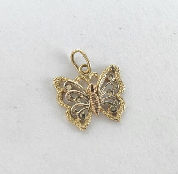 14k Multi-Gold Tri-Color Butterfly Open Work Drop Dangle Pendant 5/8'' - Image 4