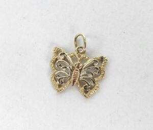 14k Multi-Gold Tri-Color Butterfly Open Work Drop Dangle Pendant 5/8''