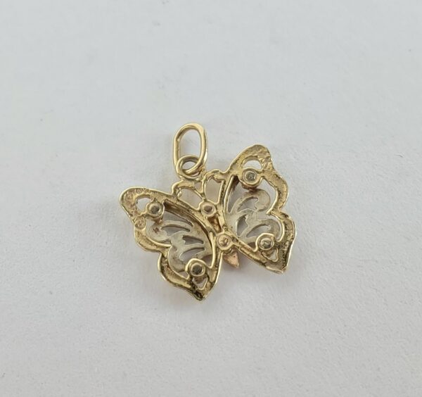 14k Multi-Gold Tri-Color Butterfly Open Work Drop Dangle Pendant 5/8'' - Image 5