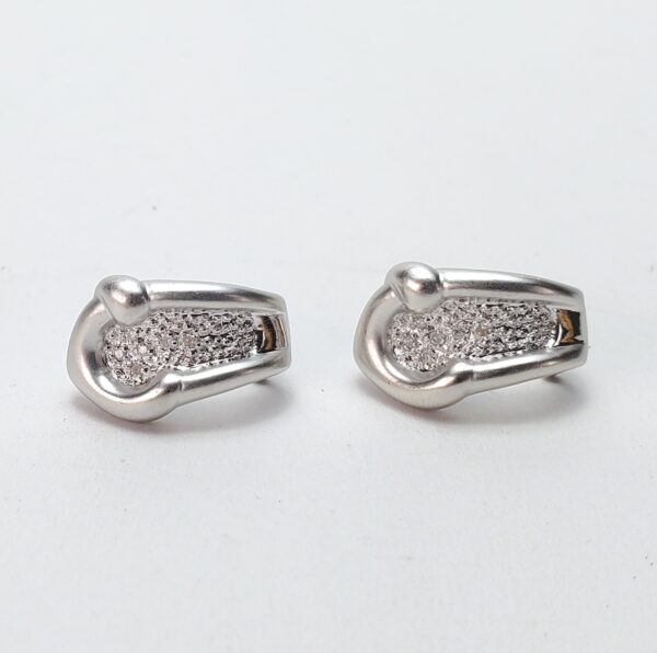 14k White Gold Sandblasted Matte Texture Diamond Leverback Omega Earrings 3/4'' - Image 6