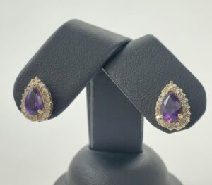 14k Yellow Gold 1.60ctw Pear Shape Amethyst Diamond Halo Stud Earrings