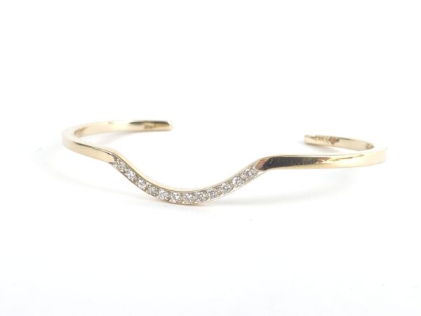 14k Yellow Gold .20ct Diamond Curved Square Wire Cuff Bangle Bracelet 5 7/8'' - Image 3