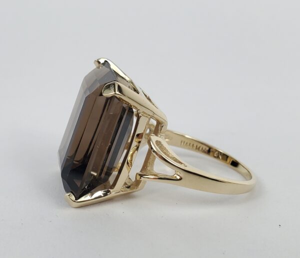 14k Yellow Gold 20ctw Emerald Cut Smoky Quartz Solitaire Cocktail Ring 7.75'' - Image 6