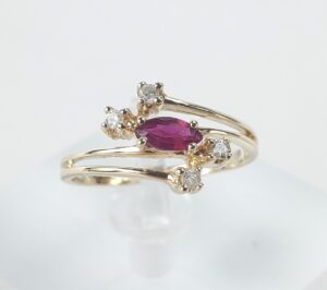 14k Yellow Gold .21ctw Marquise Cut Ruby Diamond Crossover Style Band Ring 5.5''