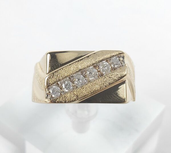 14k Yellow Gold .27c Diamond Rectangular Stone Bark Finish Mens Band Ring 10.5'' - Image 3