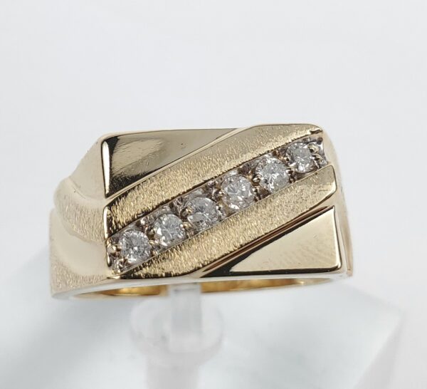 14k Yellow Gold .27c Diamond Rectangular Stone Bark Finish Mens Band Ring 10.5'' - Image 4