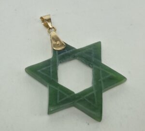 14k Yellow Gold Nephrite Jade Jewish Star of Magen David Drop Pendant 1 1/2''