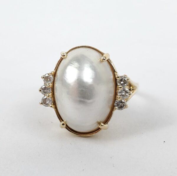 14k Yellow Gold Oval Mabe Pearl Natural Diamond Cocktail Ring 7.75'' - Image 4