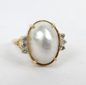 14k Yellow Gold Oval Mabe Pearl Natural Diamond Cocktail Ring 7.75''