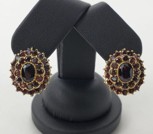 18k Yellow Gold 5.00ctw Garnet Oval Double Halo Leverback Earrings 3/4'' - Image 3