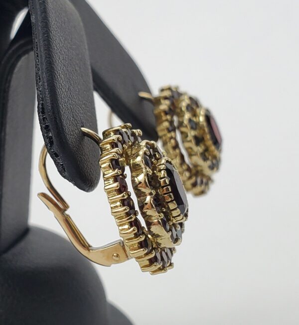 18k Yellow Gold 5.00ctw Garnet Oval Double Halo Leverback Earrings 3/4'' - Image 5