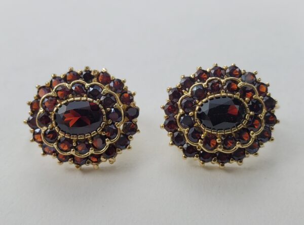 18k Yellow Gold 5.00ctw Garnet Oval Double Halo Leverback Earrings 3/4'' - Image 6