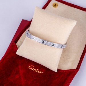 Cartier 18k White Gold 6.7mm Pave Diamond Love Bracelet Size 19