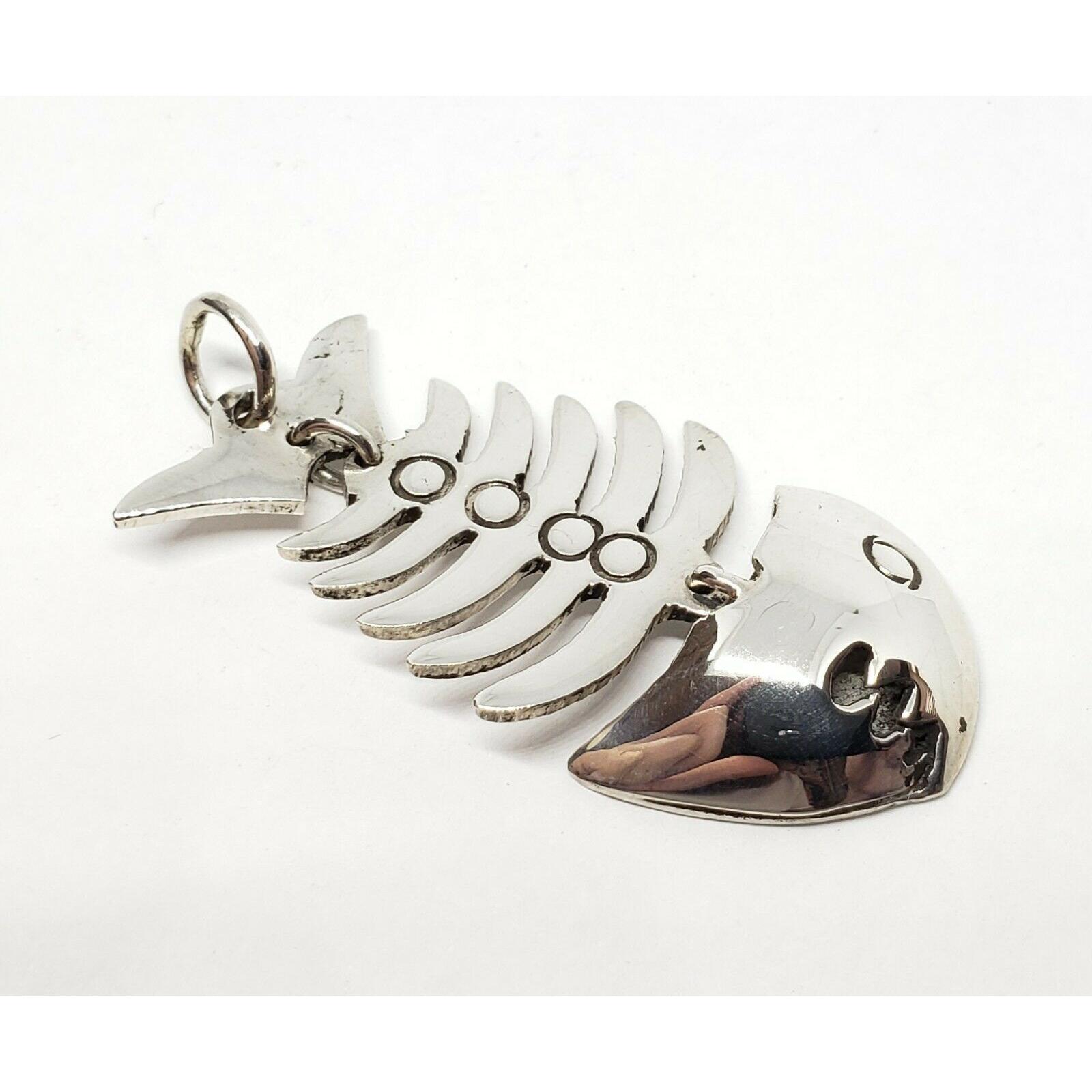 925 Sterling Silver Fish Bones Skeleton Fishing Handmade Pendant Charm 1  3/4