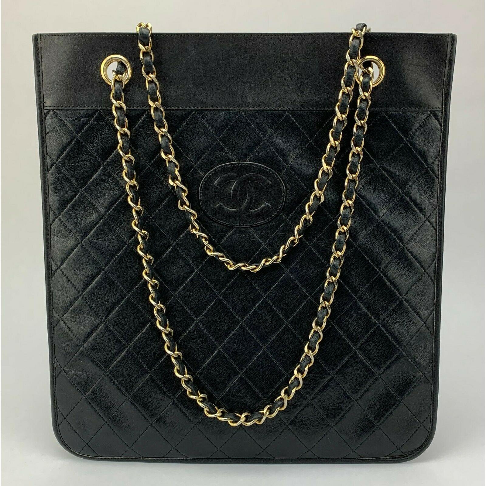 Vintage Chanel Flat Tote Lambskin Leather Shoulder Bag Black