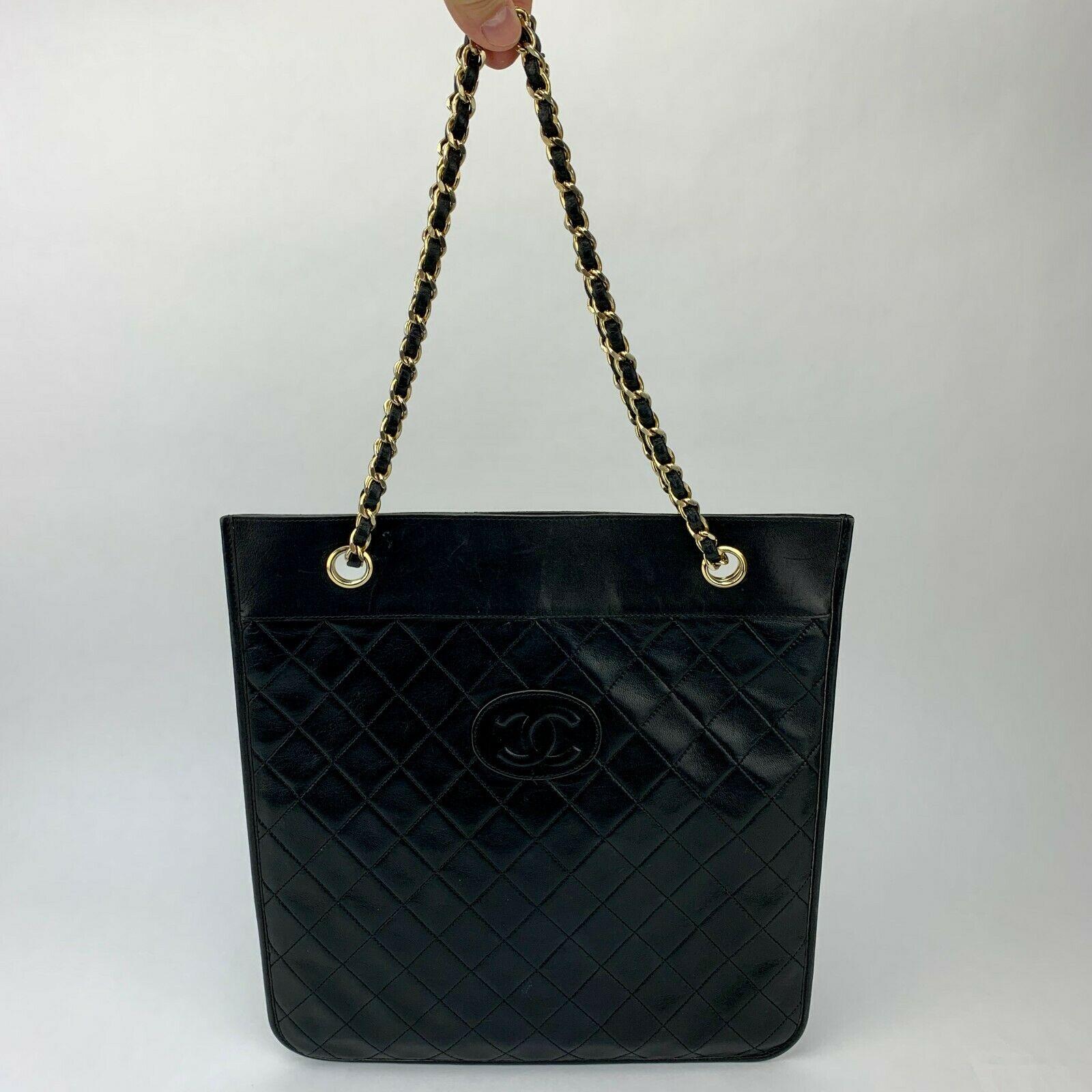 Vintage CHANEL Large Black Quilted Lambskin Tote w/COA