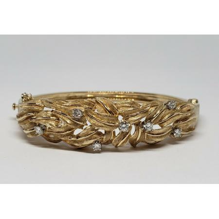 Vintage-14k-Yellow-Gold-Diamond-Bangle-Cuff-Hinge-Hinged-Leaf-Vine-Bracelet-183981398166